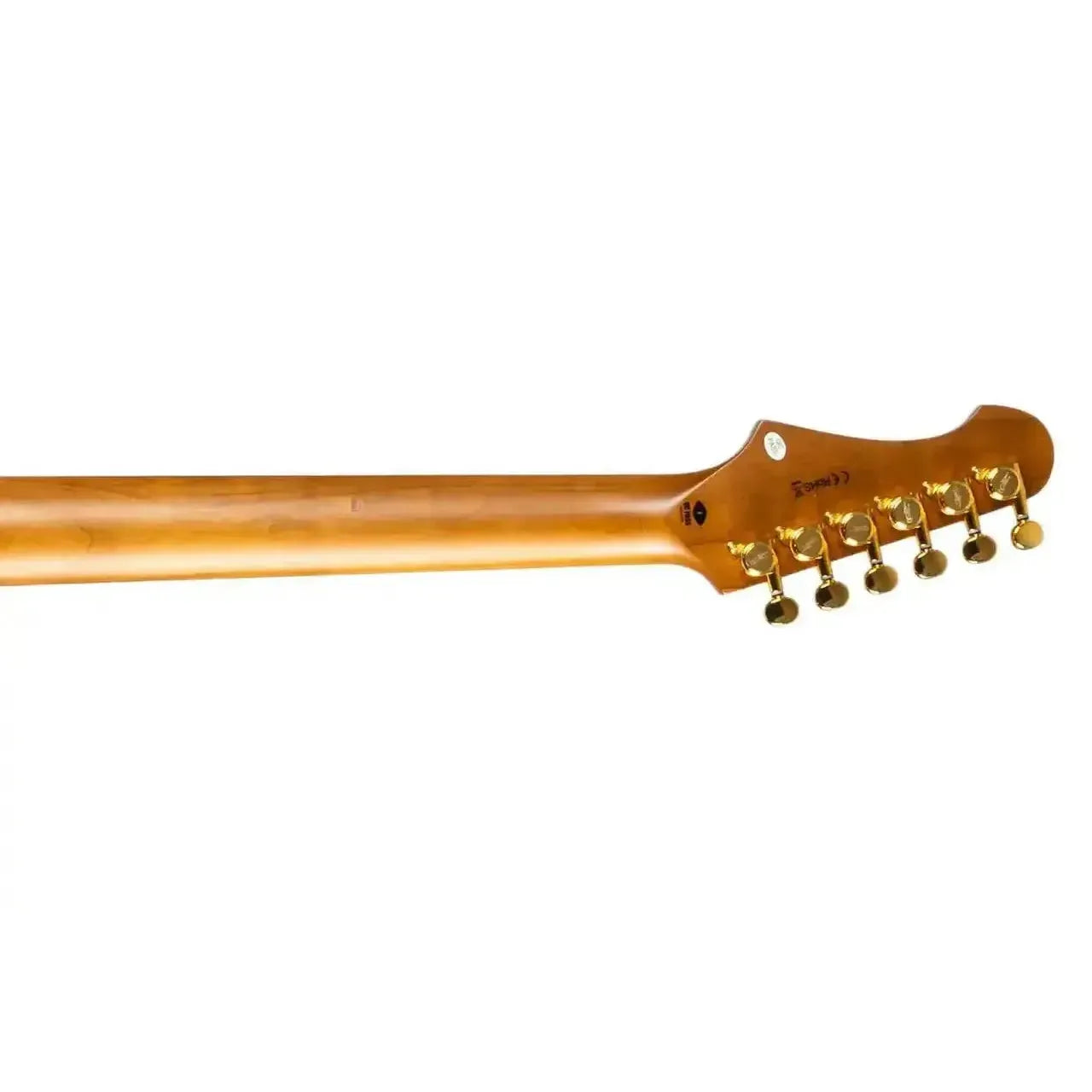 Jet JS-480 BK G Stratocaster electric guitar headstock and neck with gold locking tuners.