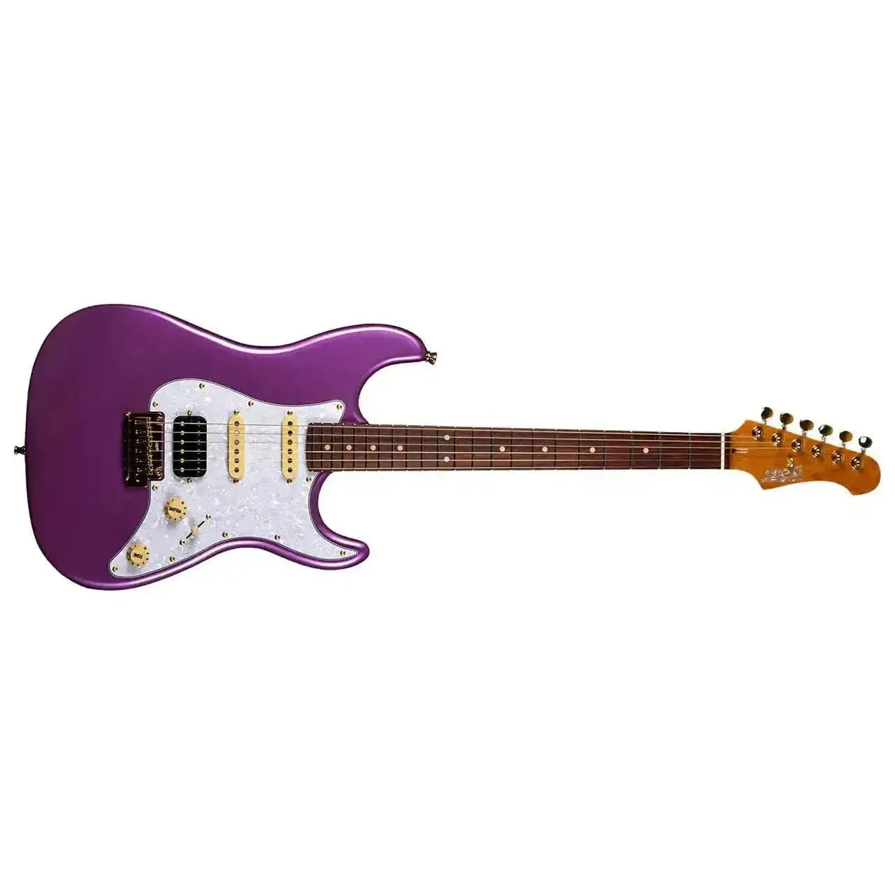 Jet JS-480 VI G Violet Stratocaster electric guitar with white pearloid pickguard and gold hardware.