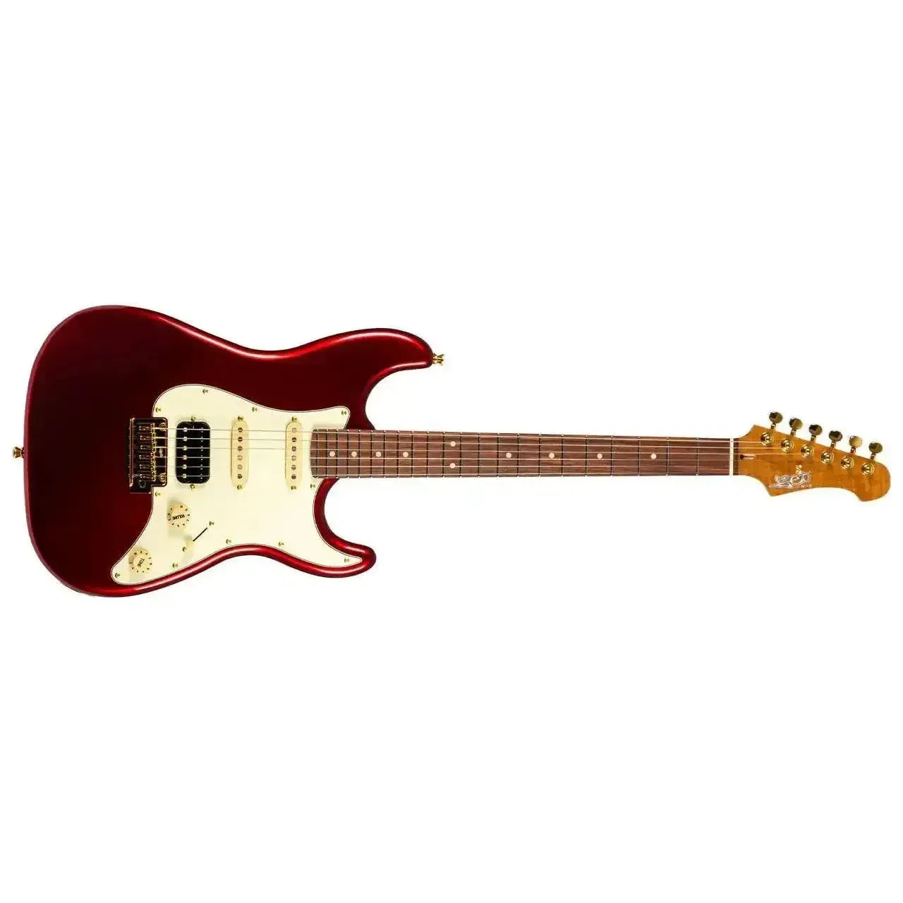 Jet JS-480 WR G Wine Red Stratocaster electric guitar with gold hardware and roasted maple neck.