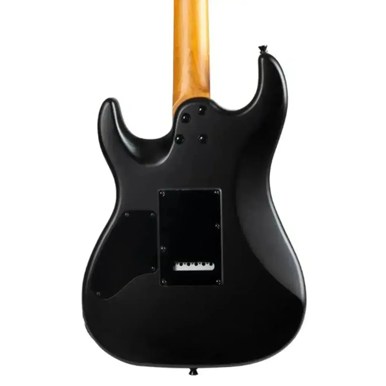 Back of a Jet JS-500 MBK satin black Stratocaster electric guitar with a natural maple neck.