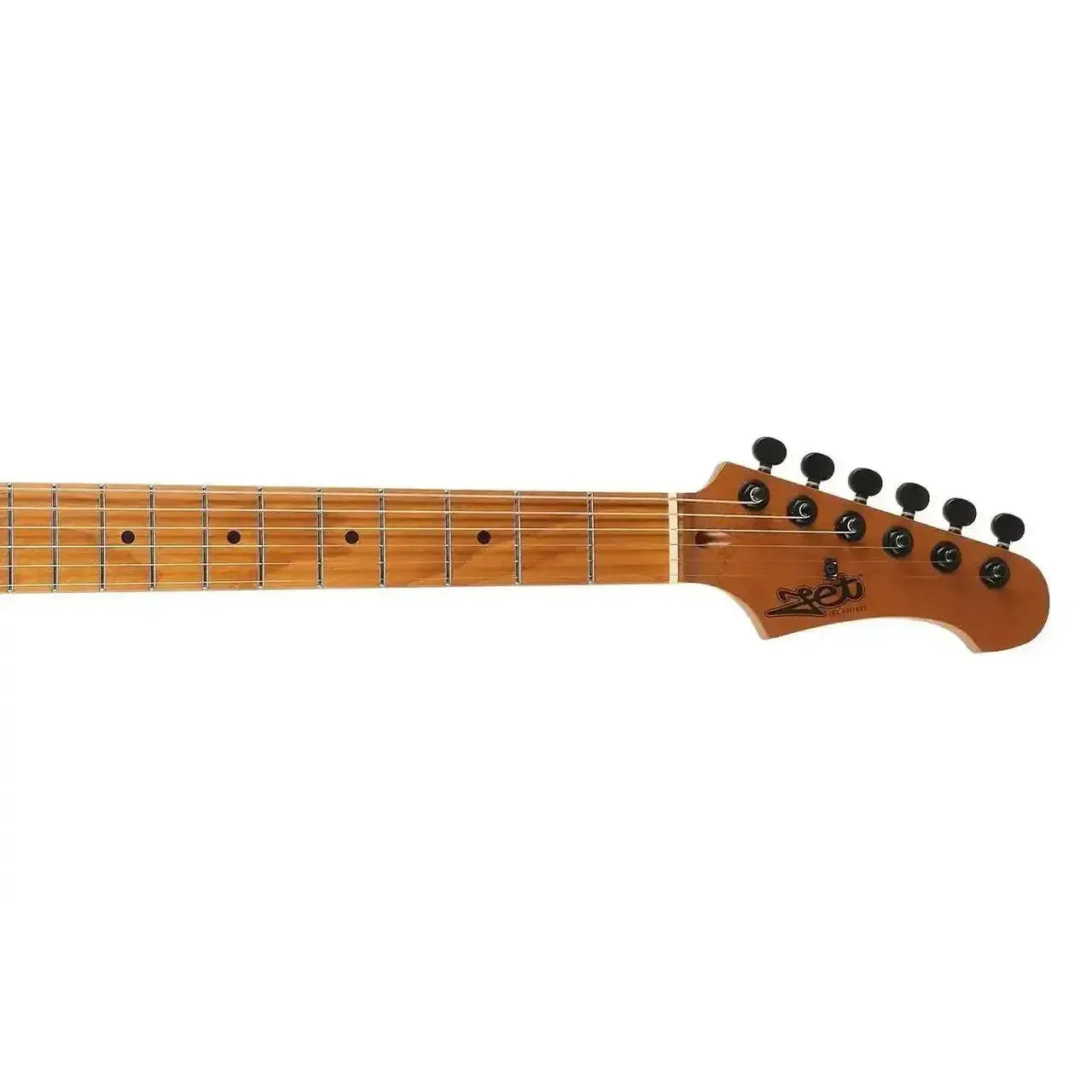 Jet JS-500 MBK electric guitar headstock and neck with roasted maple fretboard and black tuners.