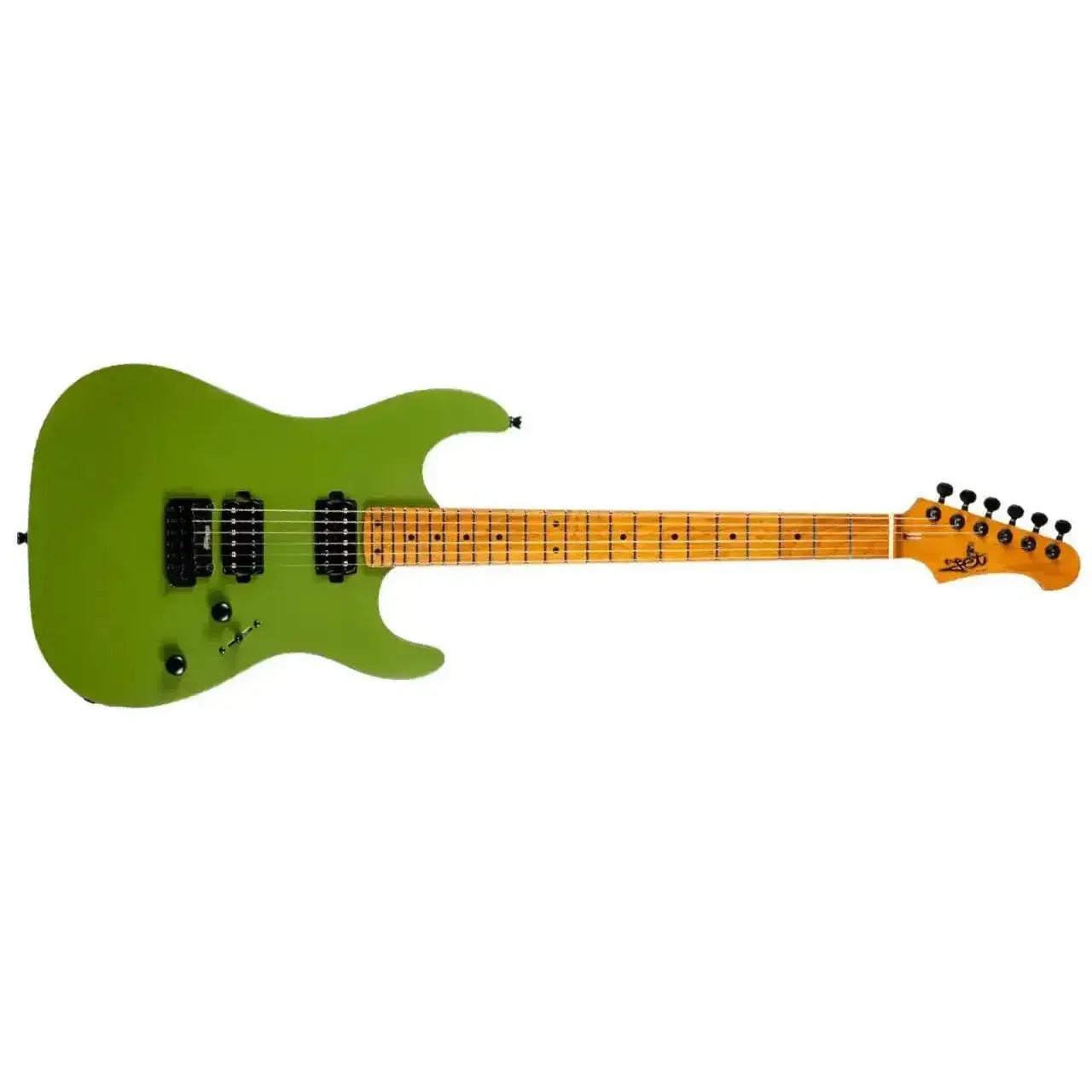 Jet JS-500 MGR solid body electric guitar in satin green with roasted maple neck and black hardware.