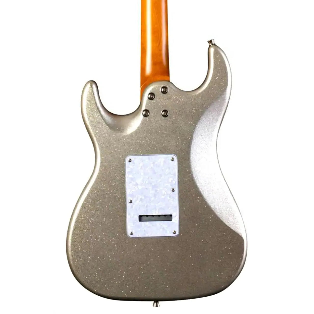 Back of a Jet JS-500 SLS Silver Sparkle Stratocaster electric guitar with a pearloid tremolo cover.