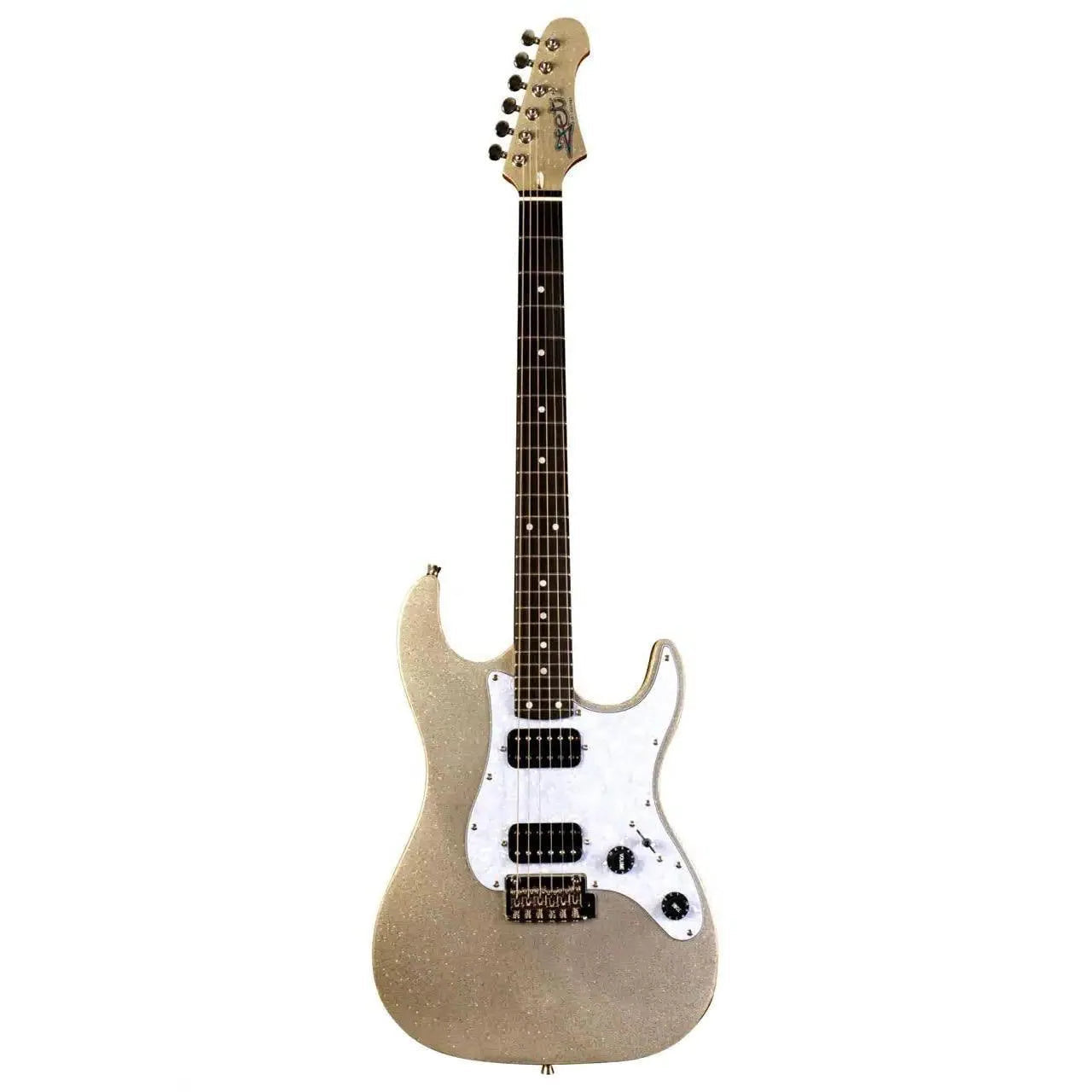 Jet JS-500 SLS Silver Sparkle Stratocaster electric guitar with white pickguard and HH Alnico pickups.