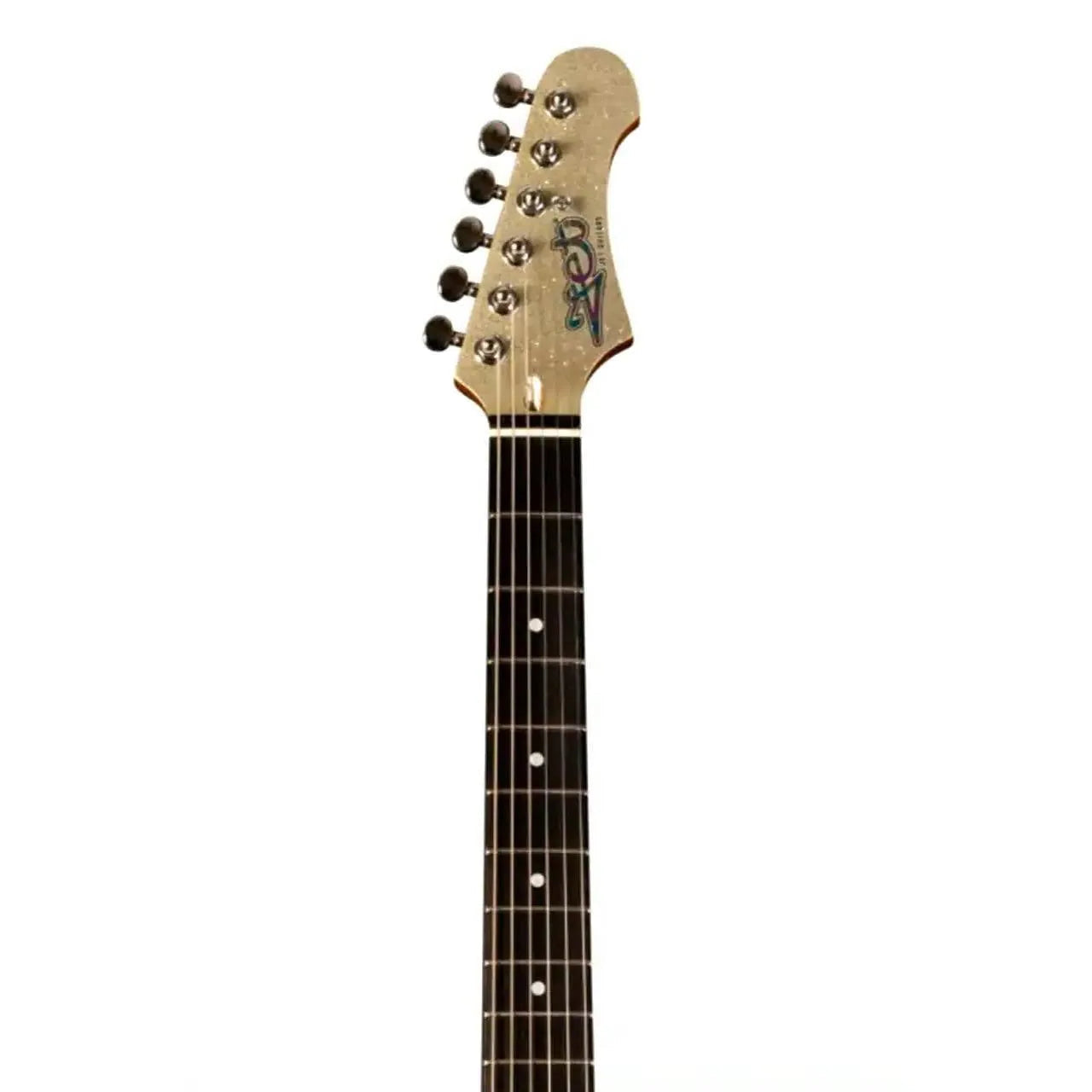 Jet JS-500 SLS Silver Sparkle electric guitar headstock with tuning pegs and dark fretboard.