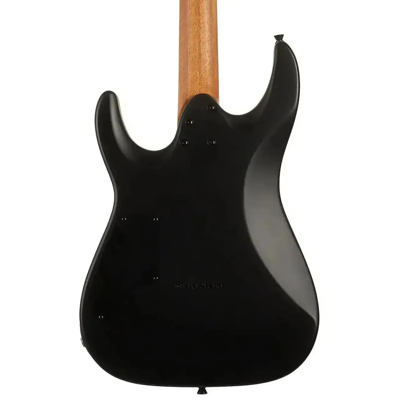 Back of a Jet JS-501 STYGIAN satin black solid body electric guitar with a natural wood neck.