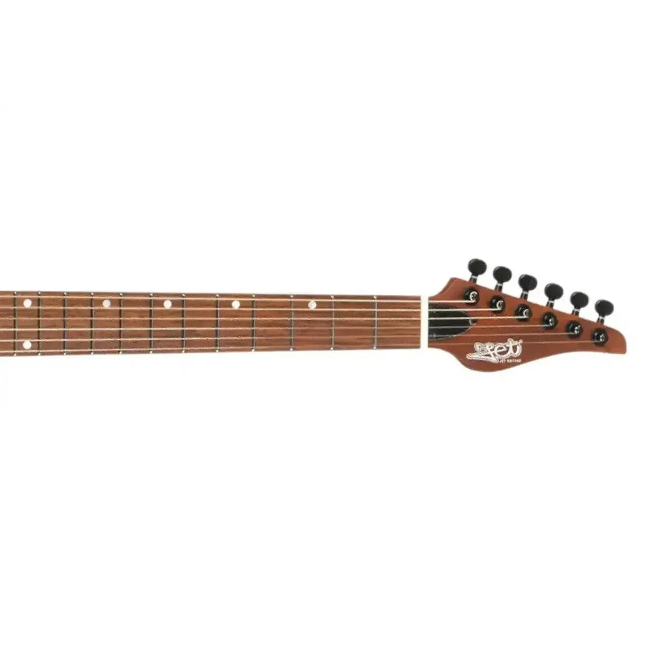 Jet JS-501 STYGIAN Stratocaster electric guitar headstock and rosewood fretboard with black tuners.