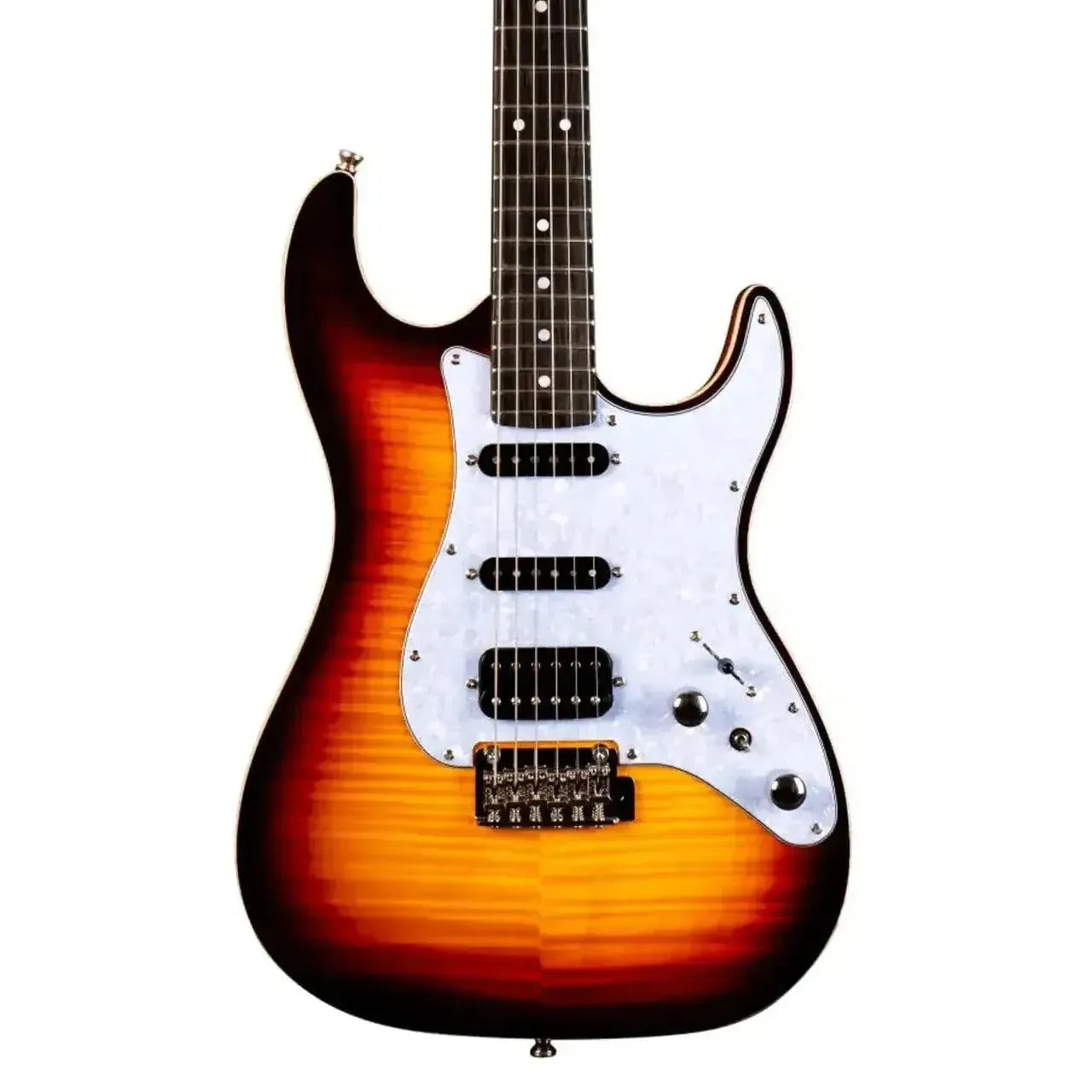 Jet JS-600 BS Sunburst Stratocaster electric guitar with flamed maple top, white pickguard, and HSS pickups.