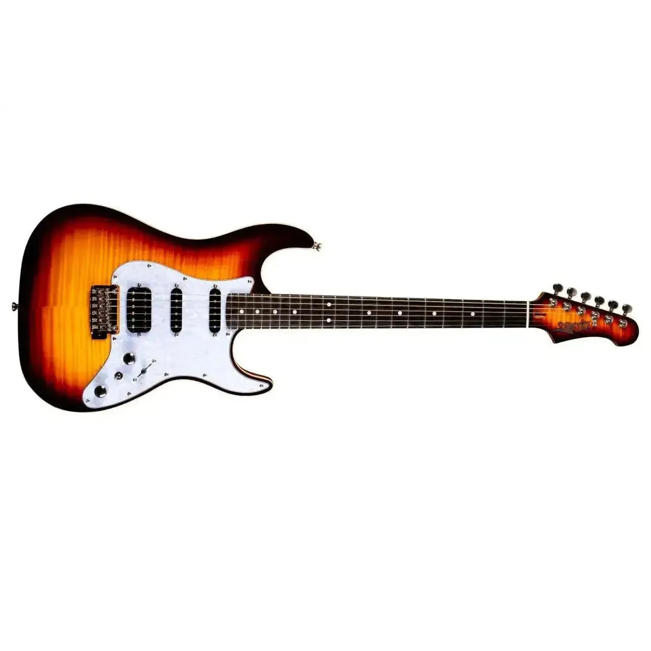 Jet JS-600 BS Sunburst Stratocaster electric guitar with flamed maple top, white pickguard, and HSS pickups.