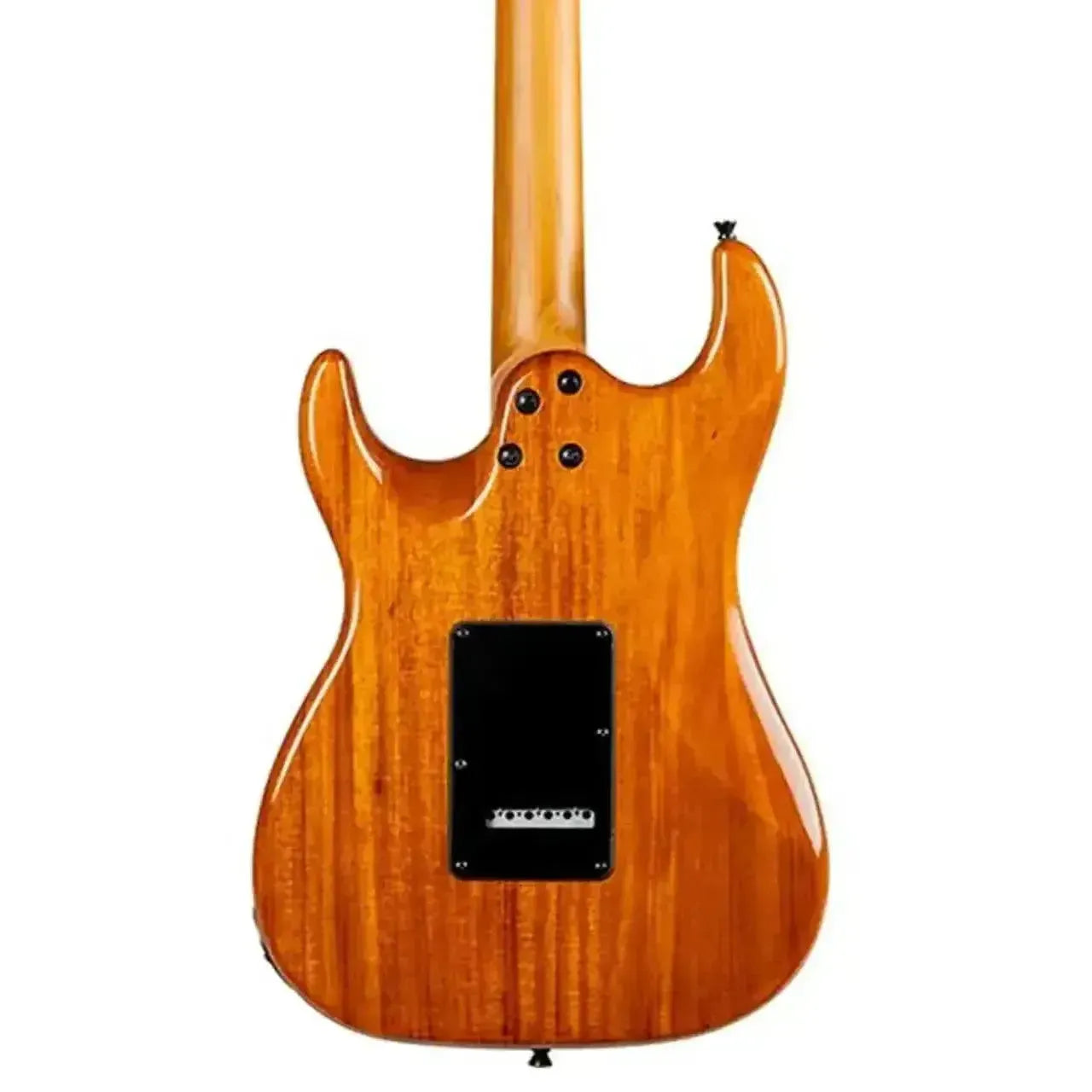 Back of a Jet JS-600 TPP Stratocaster electric guitar, showing its transparent purple flamed maple and mahogany body.