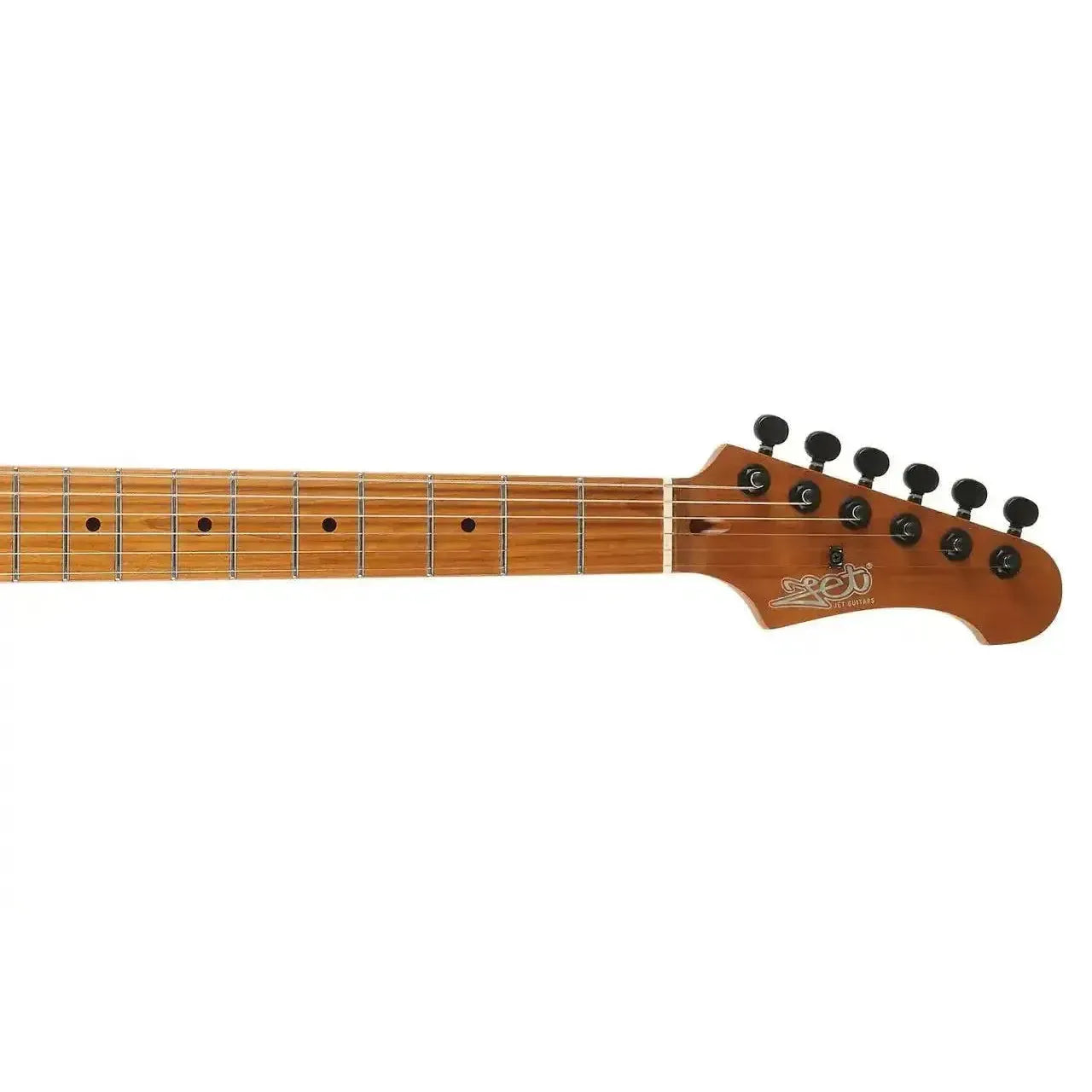 Jet JS-600 TPP Stratocaster electric guitar headstock and roasted maple neck with black tuners.