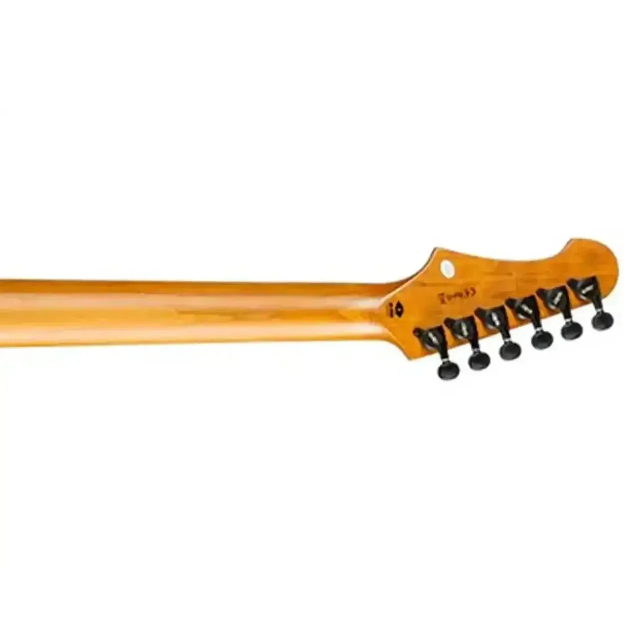 Back of a Jet JS-600 Stratocaster electric guitar neck and headstock with black tuners.