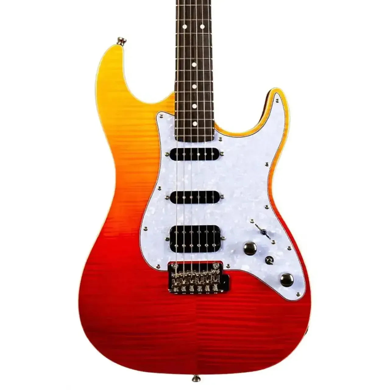 Jet JS-600 TRS Transparent Red Stratocaster electric guitar with flamed maple top and white pickguard.