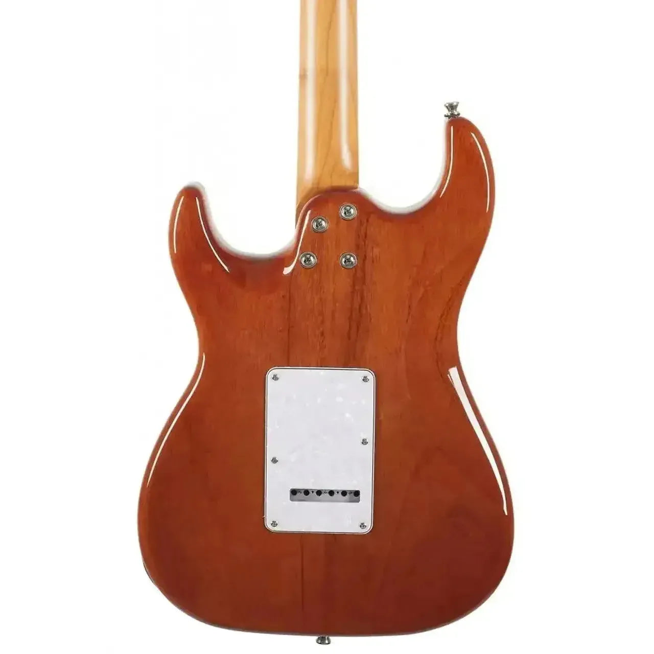 Back of a Jet JS-600 TRS Transparent Red Stratocaster electric guitar with a roasted maple neck.