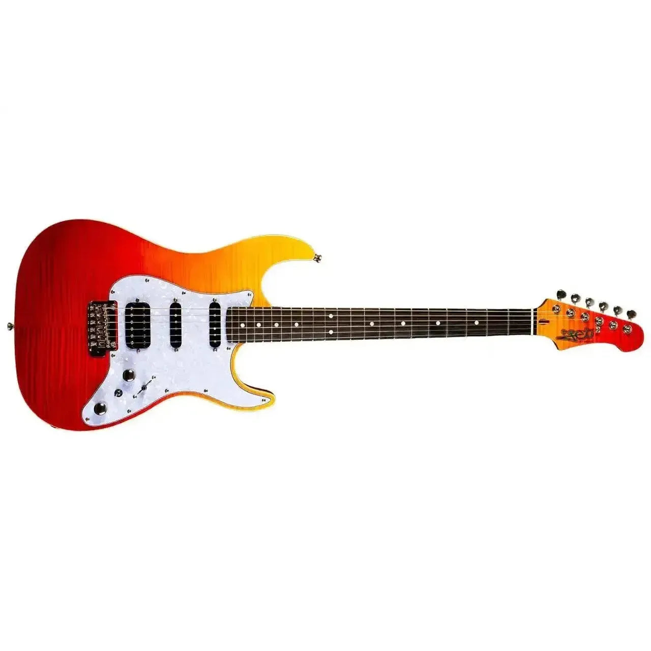 Jet JS-600 TRS Transparent Red Stratocaster electric guitar with flamed maple top.