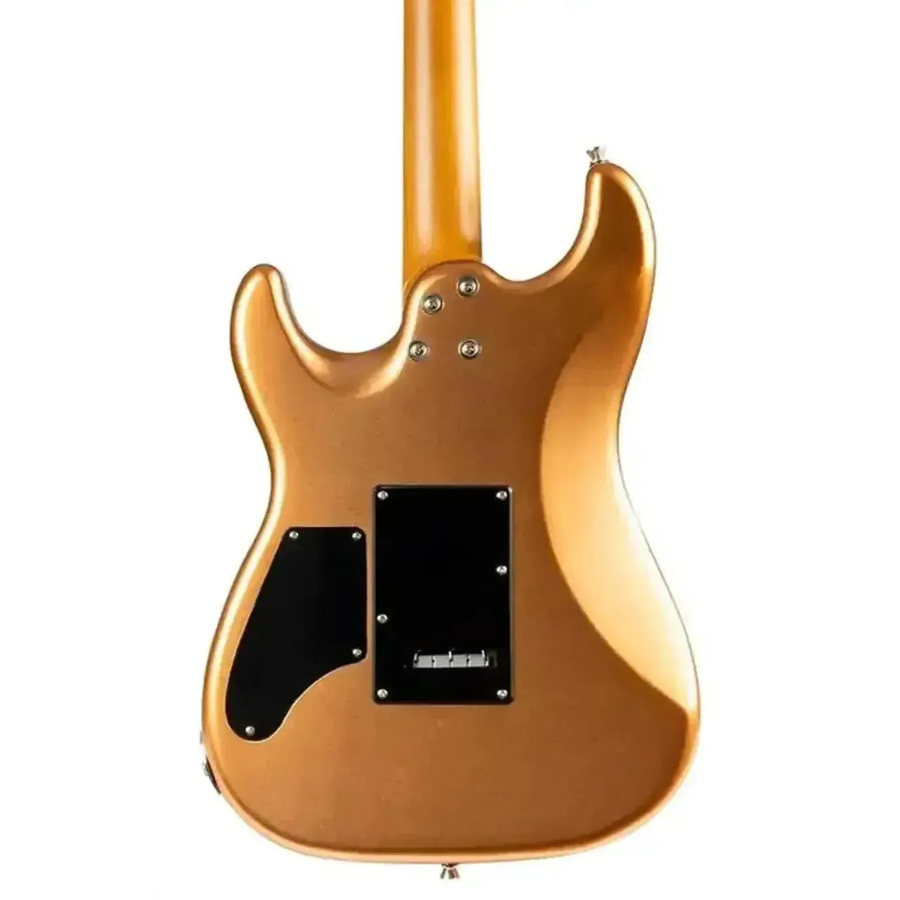 Back of a Jet JS-700 CPR HS Stratocaster electric guitar with a gloss copper finish and roasted maple neck.