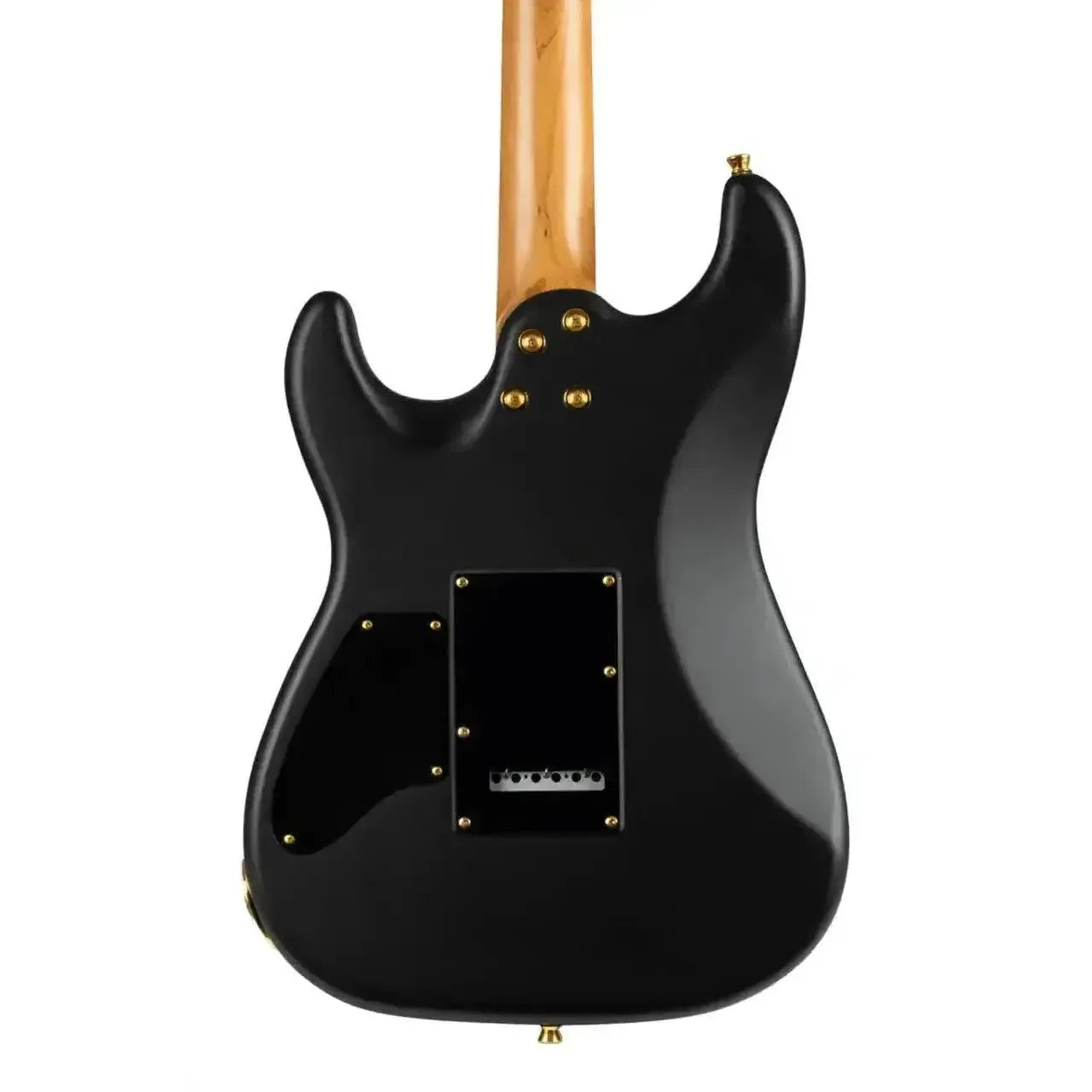 Jet JS-700 MBK Matte Black Stratocaster electric guitar, back view, with roasted maple neck and gold hardware.