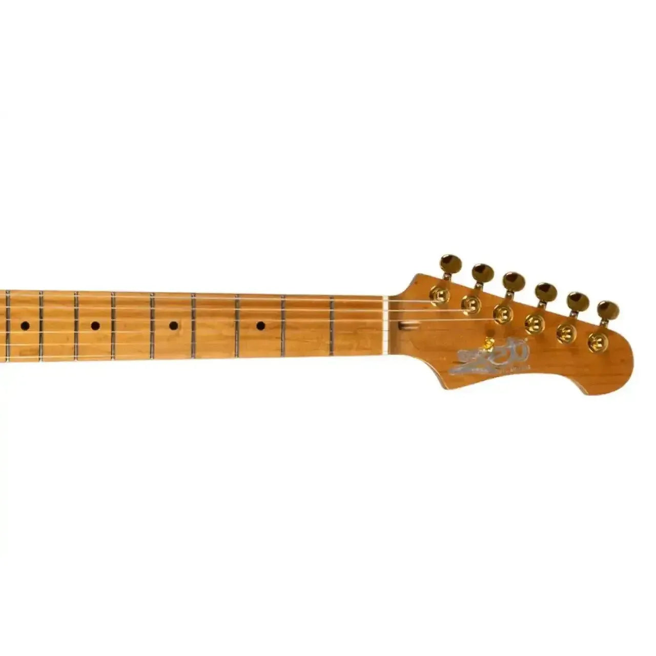 Jet JS-700 electric guitar's roasted maple neck and headstock with gold locking tuners.