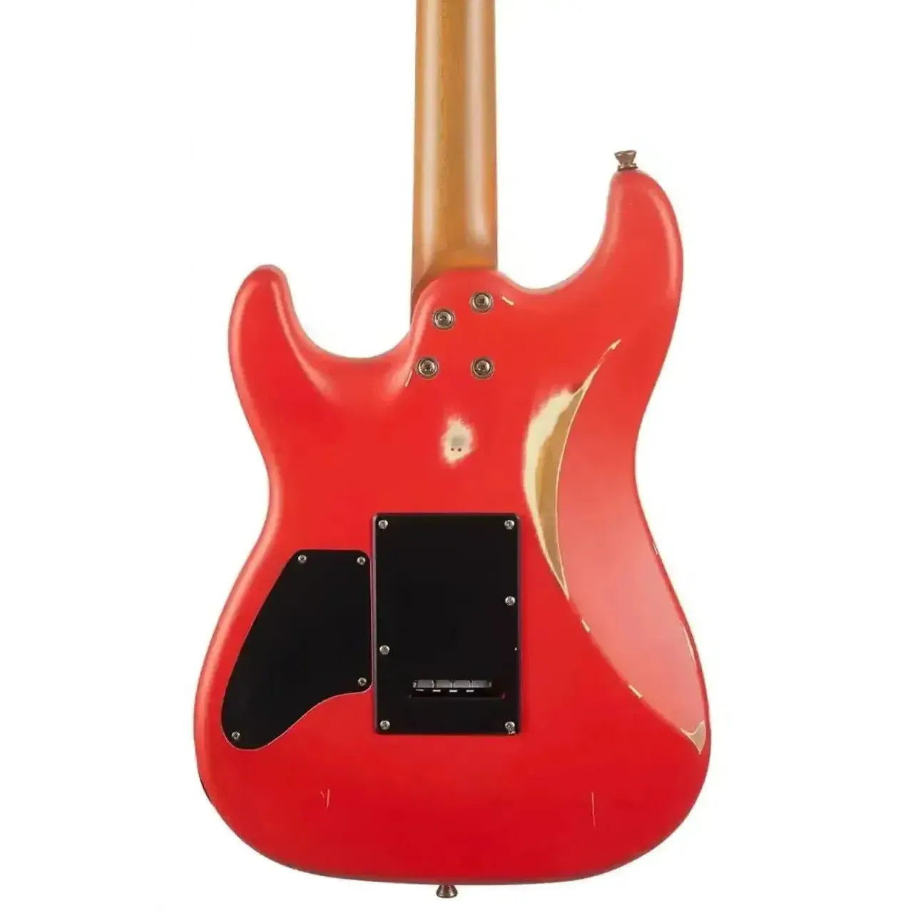 Back of a distressed red Jet JS-850 RELIC FR Stratocaster electric guitar with a roasted maple neck.