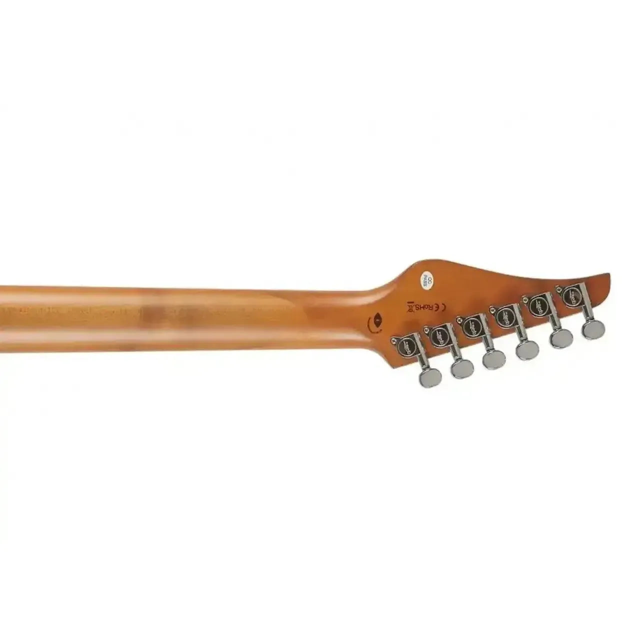 Jet JS-850 RELIC FR electric guitar's roasted maple neck and headstock with chrome tuners.