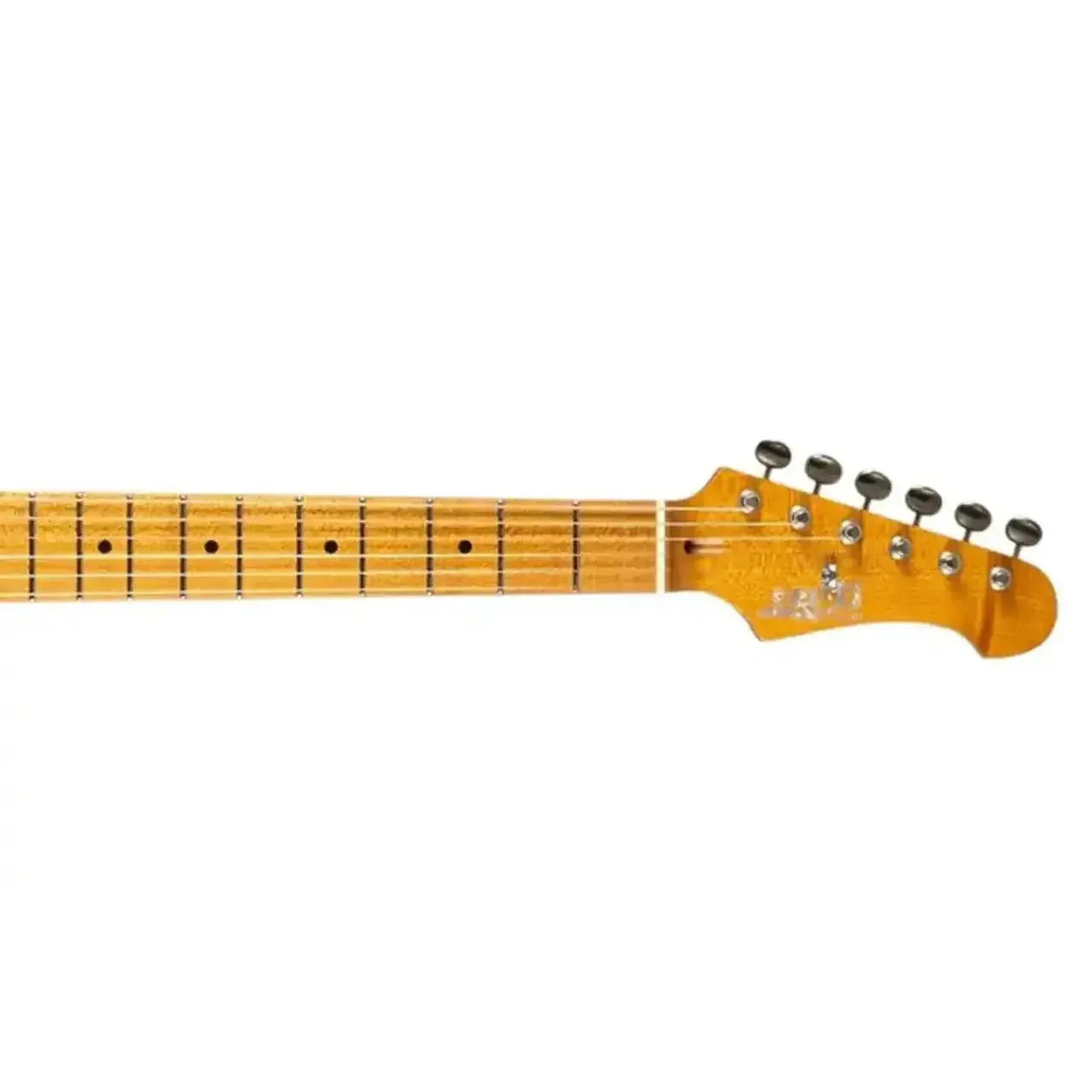 Jet JT-30 GOLD Telecaster electric guitar's roasted maple neck and headstock with black tuners.