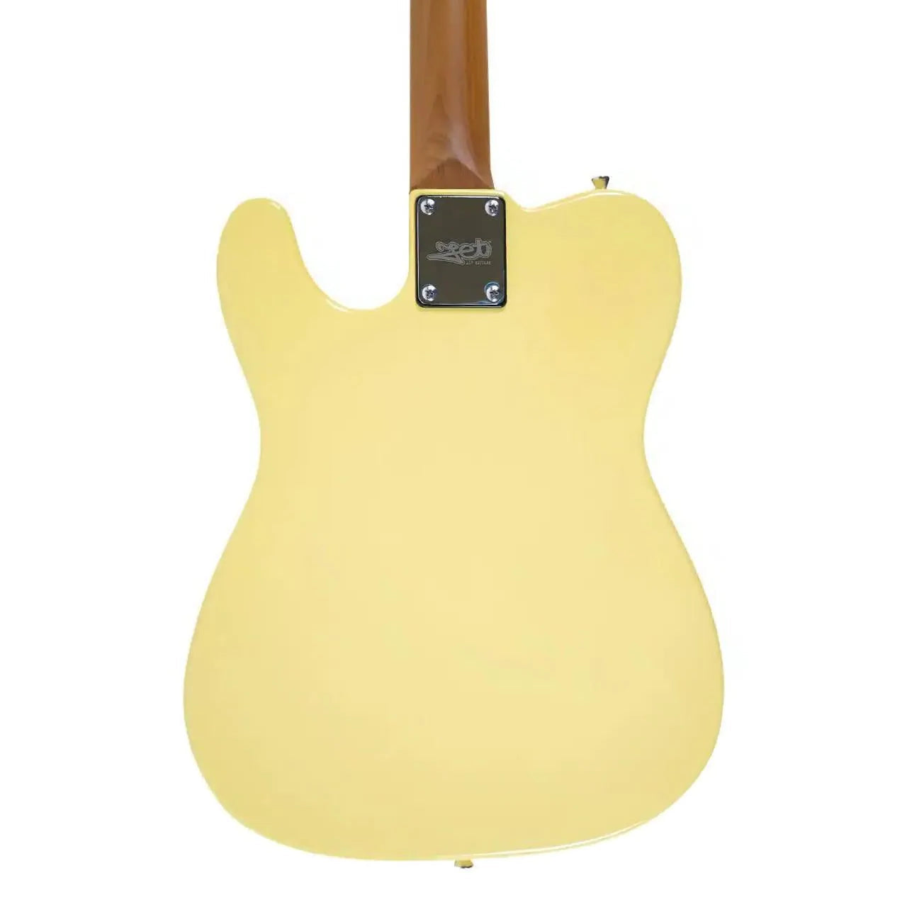Back of a Jet JT-300 BTS Telecaster electric guitar with a solid beige body and natural wood neck.