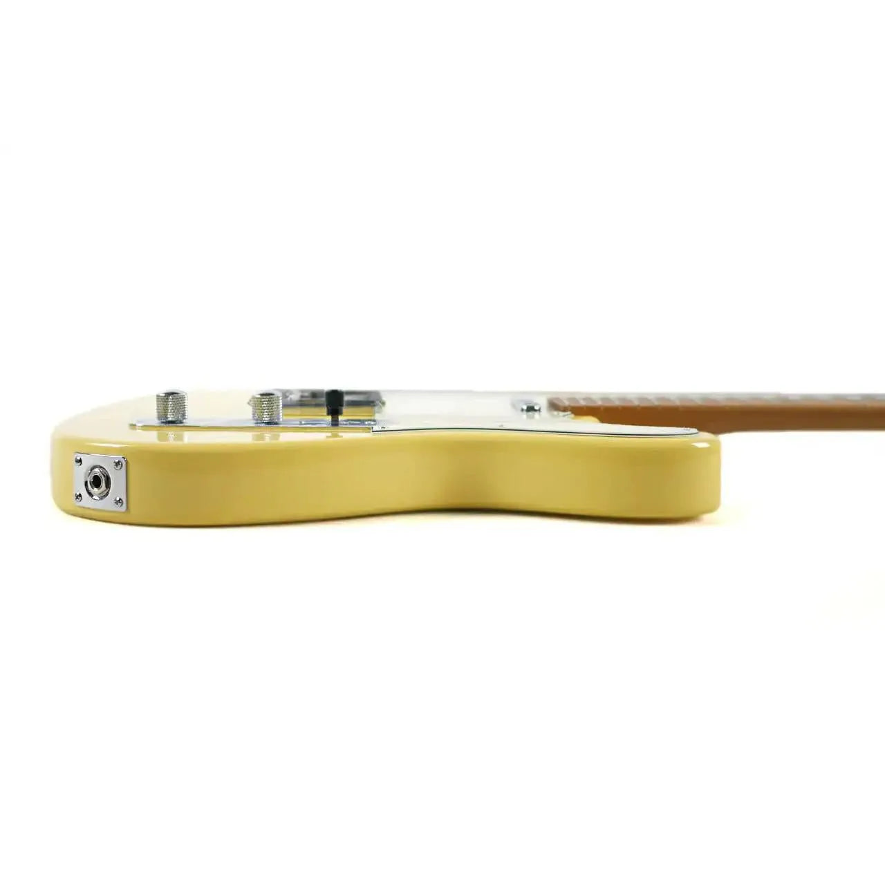 Jet JT-300 BTS beige solid body electric guitar, side view showing output jack and controls.