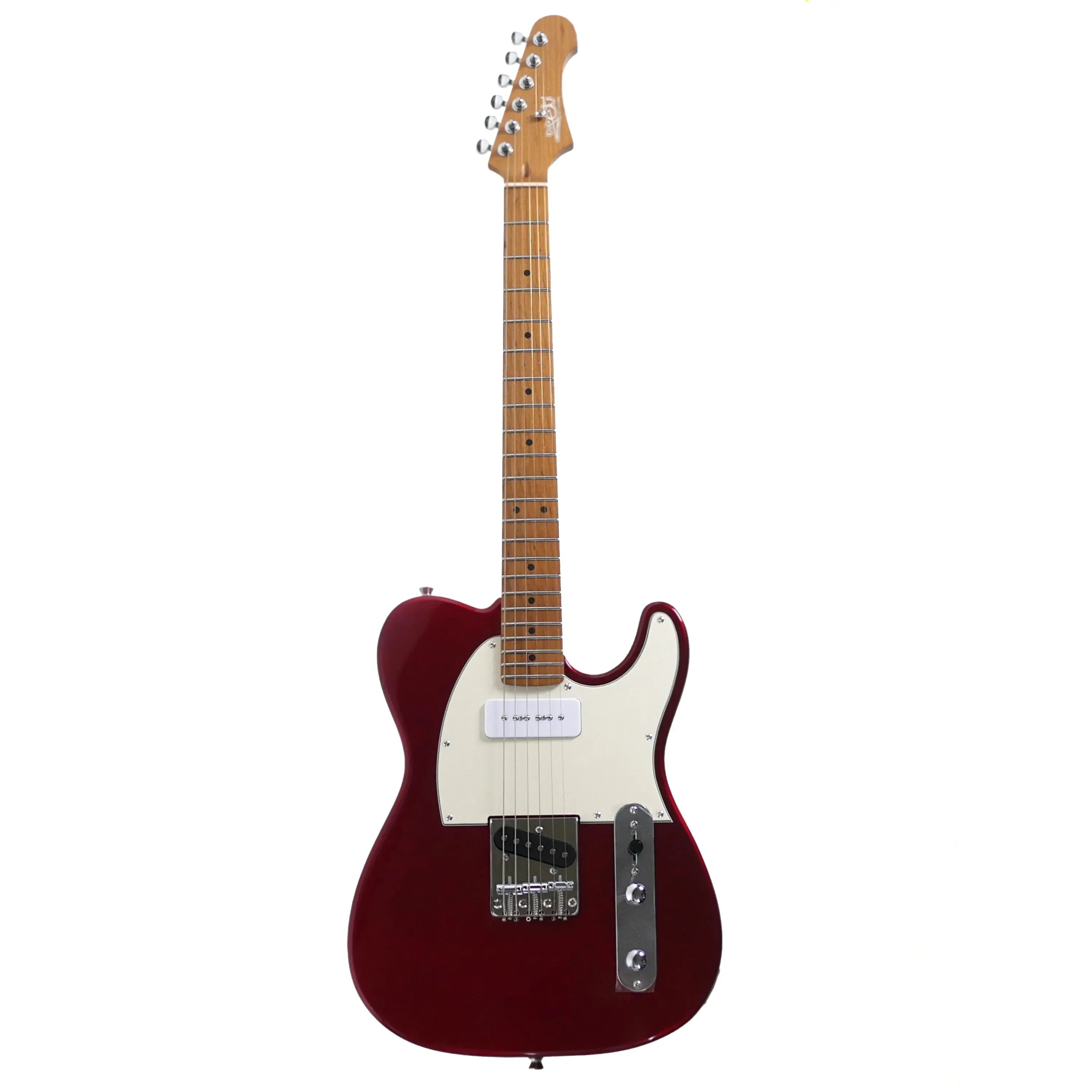 Jet JT-300 CAR P90 Telecaster electric guitar in candy red with a roasted maple neck and white pickguard.