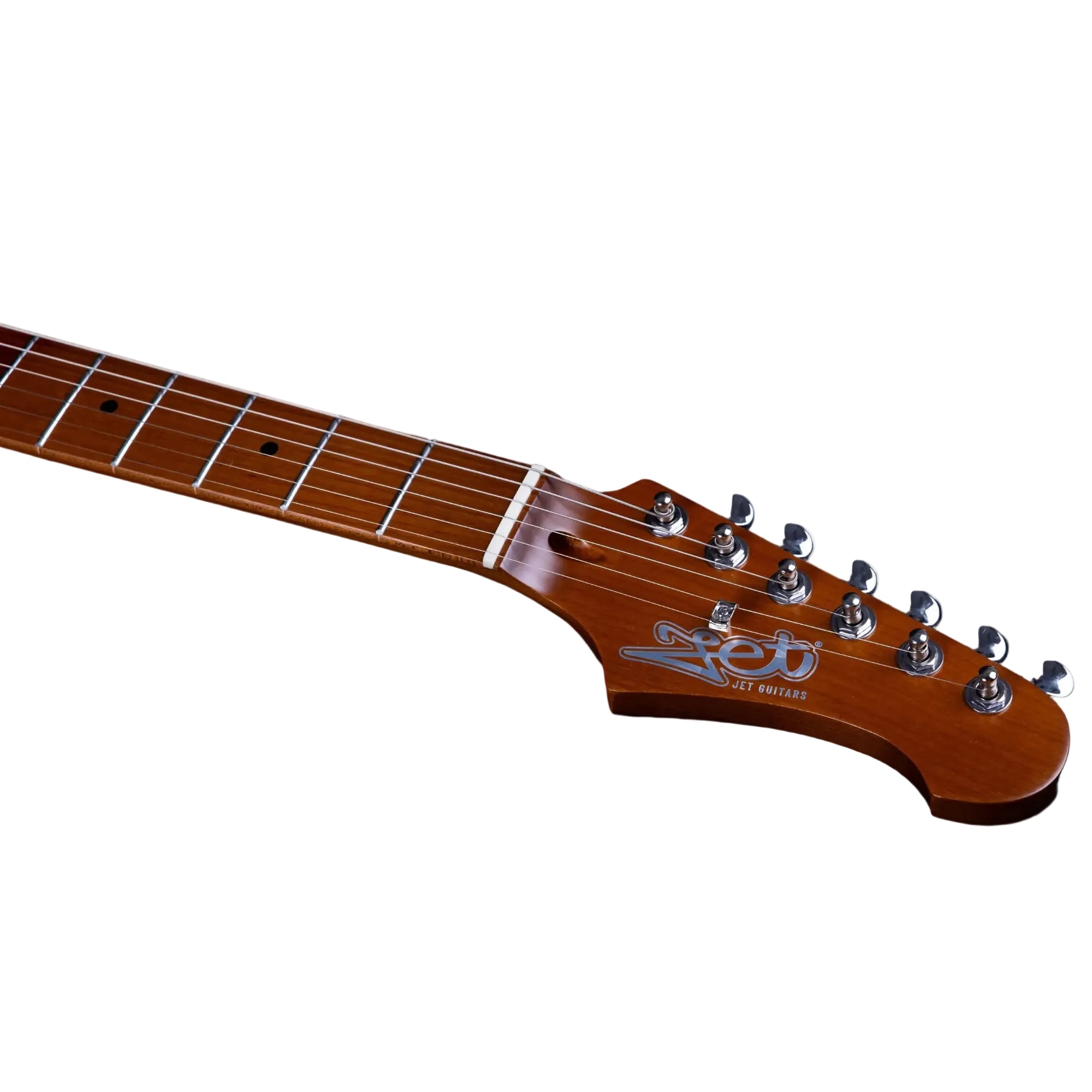 Jet Guitars electric guitar headstock with chrome tuners and "Jet Guitars" logo on a dark wood finish.