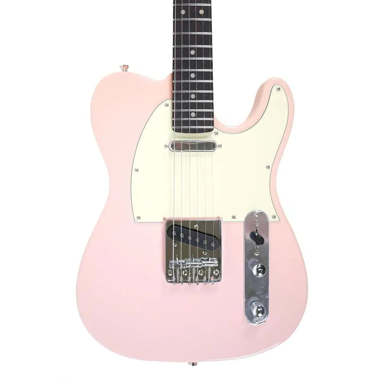 Jet JT-300 PK R Shell Pink electric guitar with a white pickguard and chrome hardware.