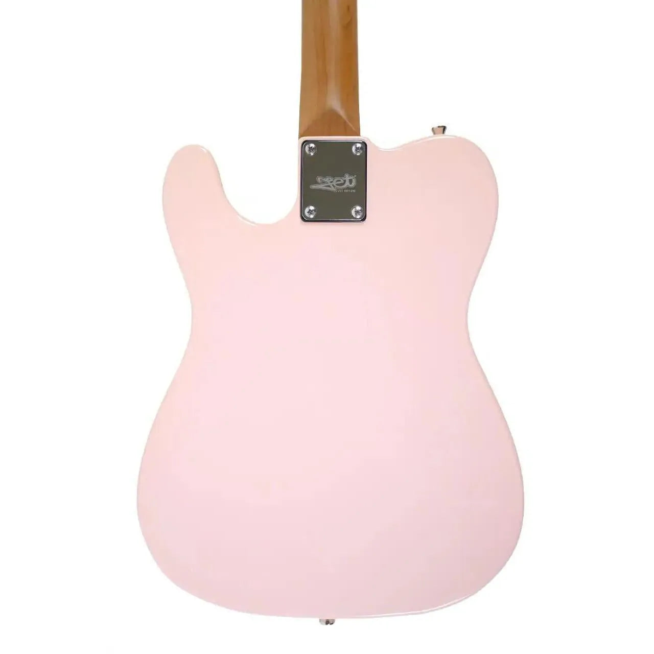 Back of a Jet JT-300 PK R Shell Pink solid body electric guitar with a roasted maple neck.