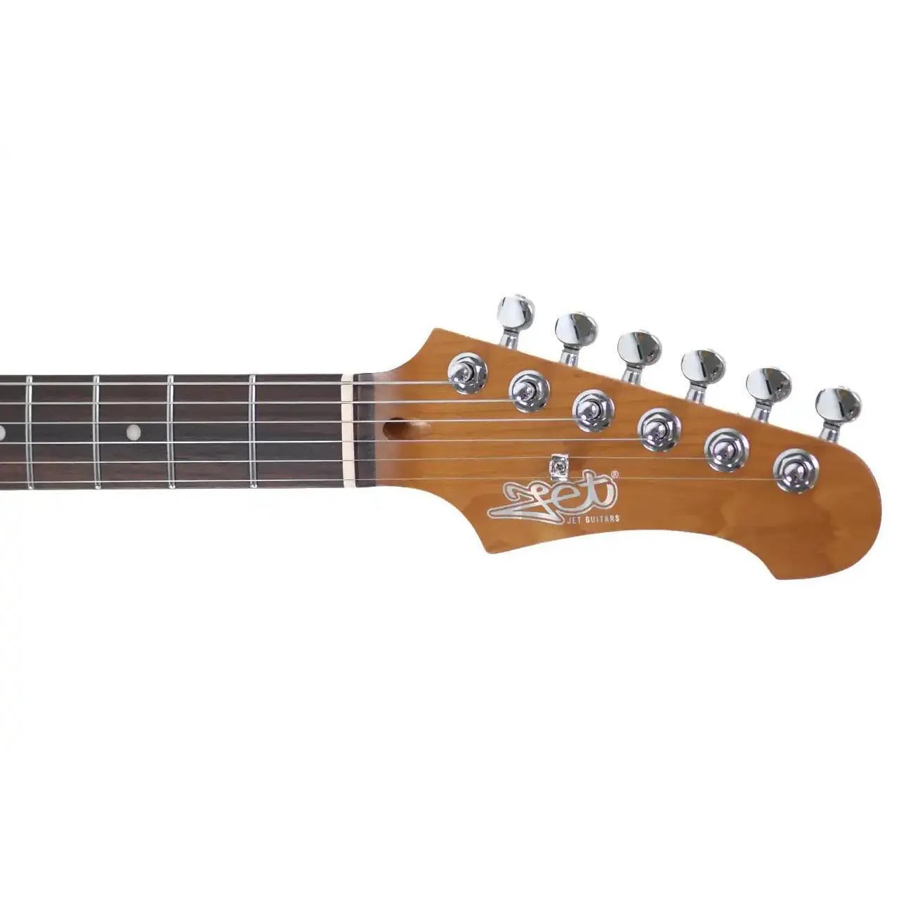 Jet JT-300 electric guitar headstock with chrome tuners, roasted maple neck, and rosewood fretboard.