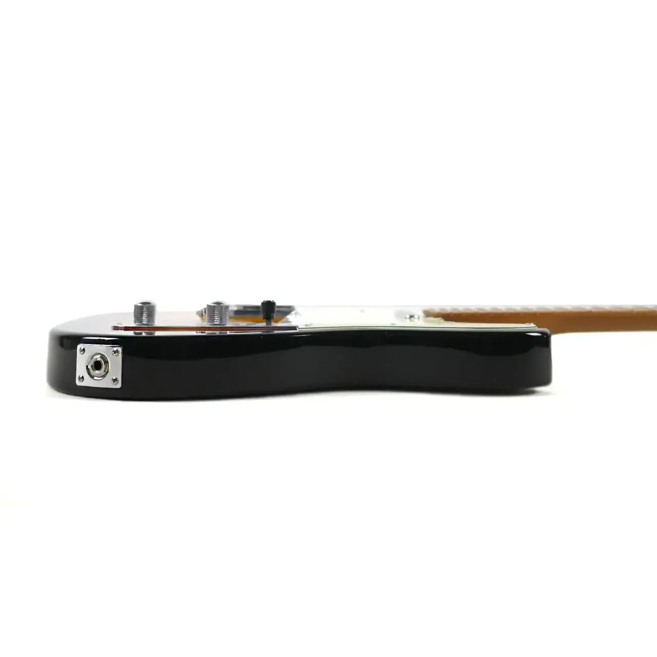 Jet JT-300 SB Telecaster electric guitar body, black gloss finish, chrome output jack, and control knobs.