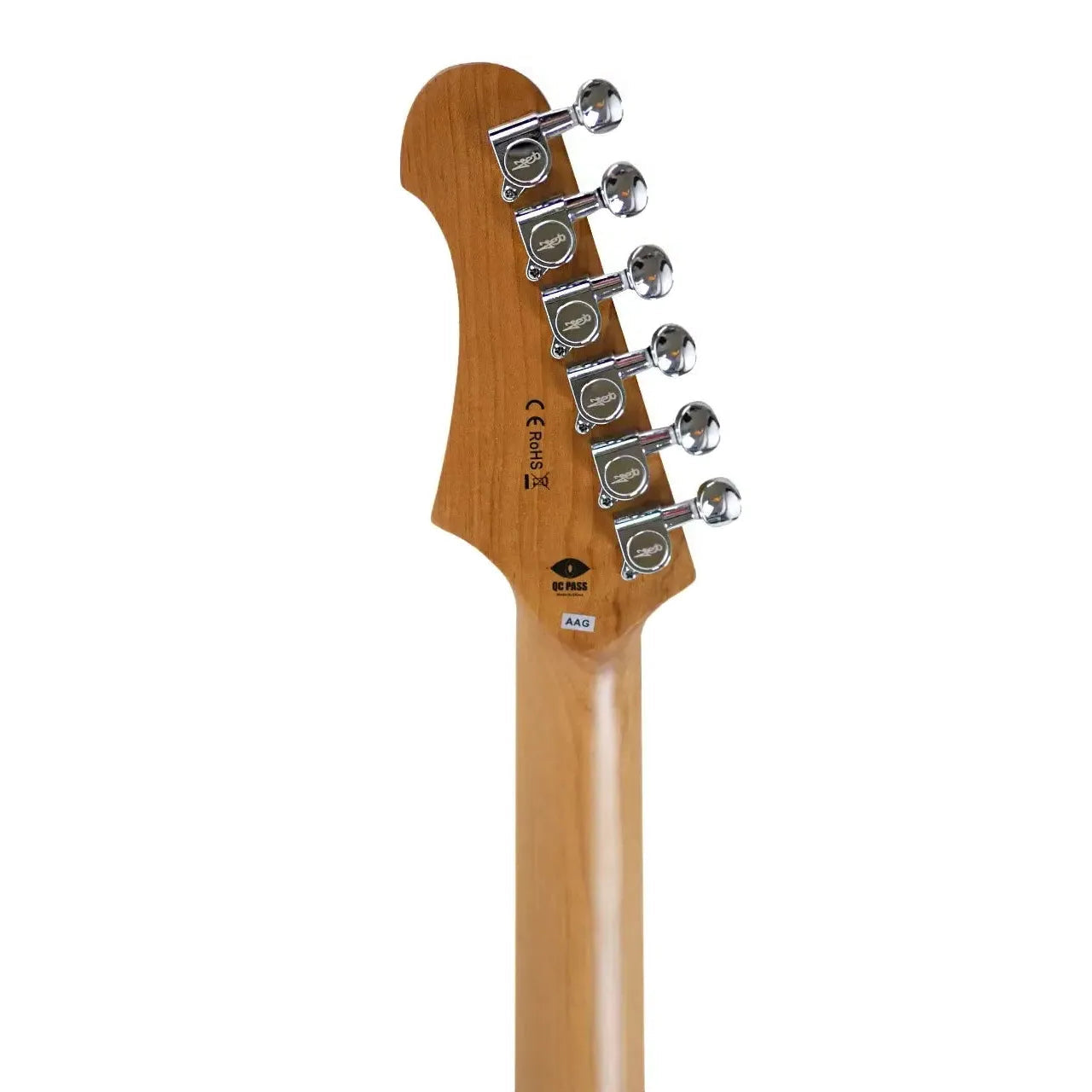 Jet JT-300 SB Telecaster electric guitar headstock with roasted maple neck and chrome tuners.