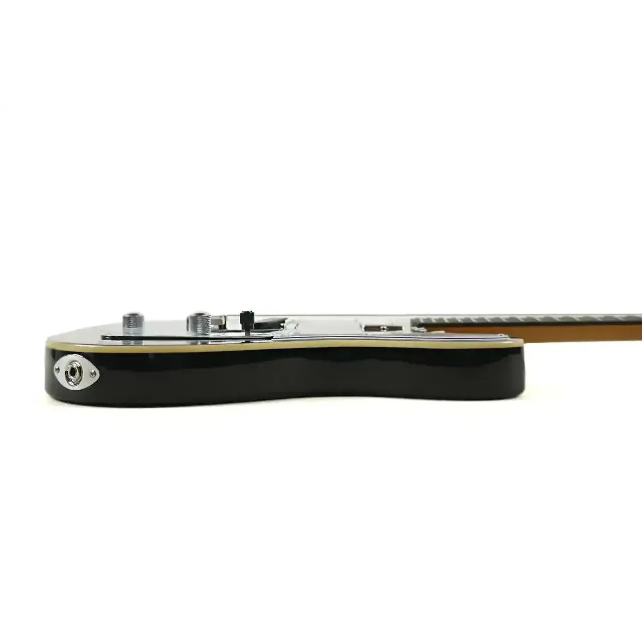 Jet JT-350 BK R Black Telecaster electric guitar body with chrome hardware and output jack.
