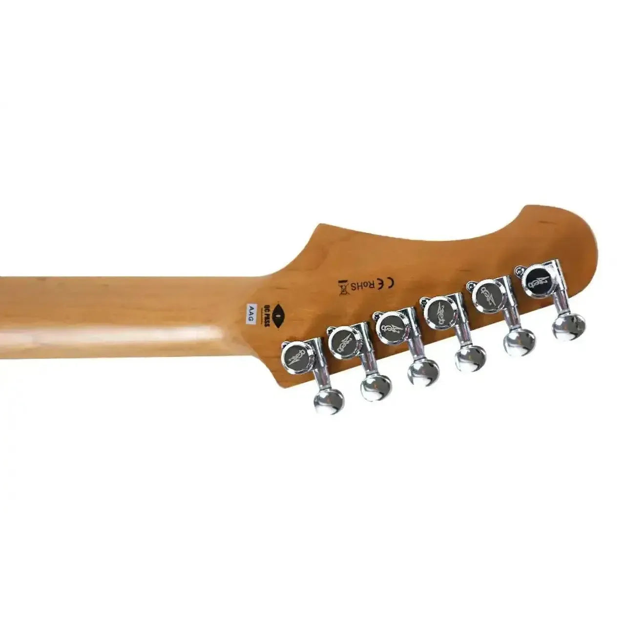 Jet JT-350 BK R Telecaster electric guitar headstock with chrome locking tuners and roasted maple neck.