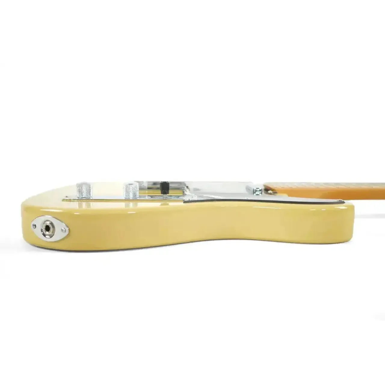 Side view of a Jet JT-350 BSC Butterscotch Telecaster electric guitar body with input jack and controls.