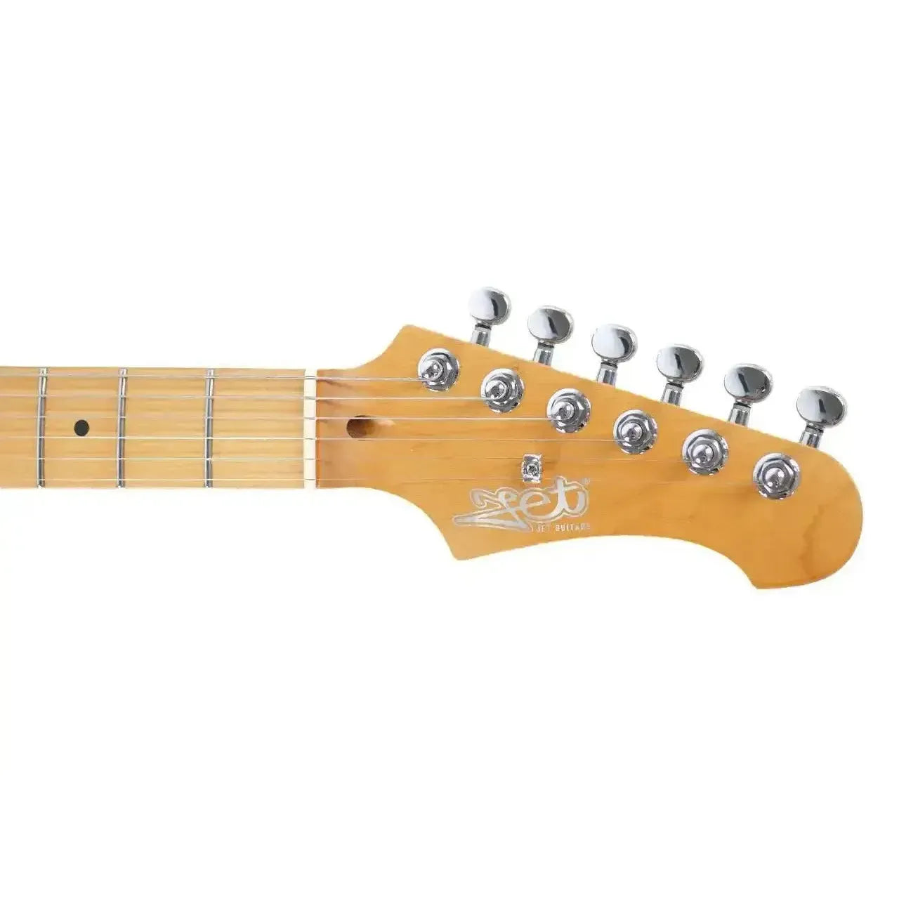 Jet JT-350 Telecaster electric guitar headstock with maple neck, chrome tuners, and "Jet" logo.