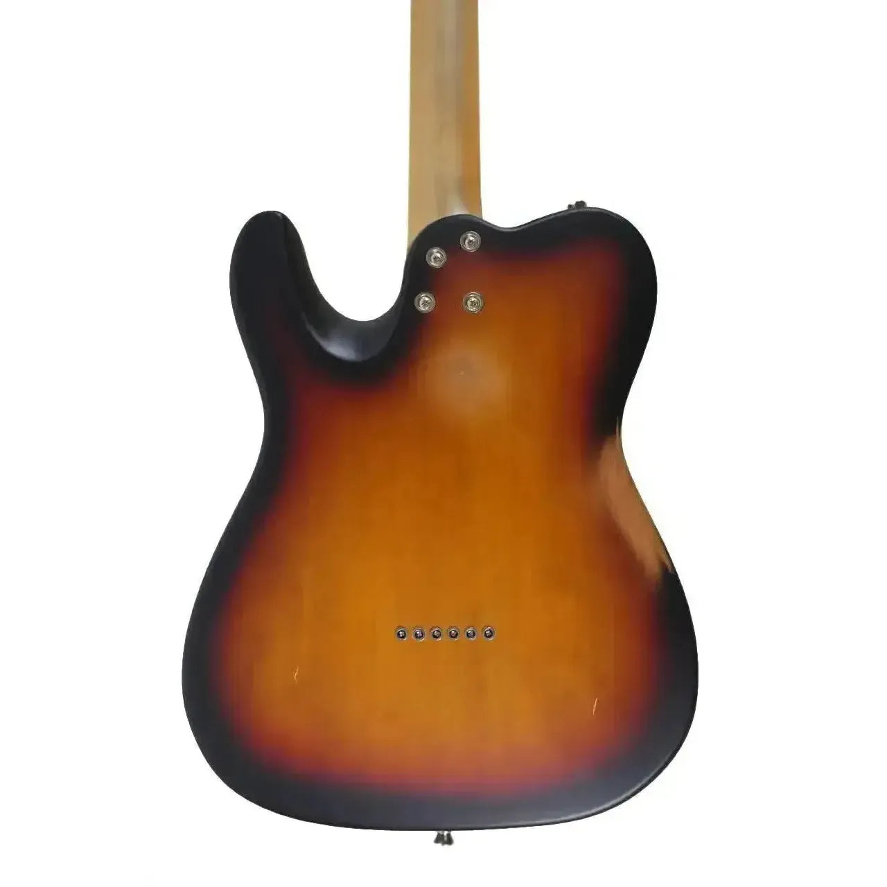 Back of a Jet JT-350-RLC Distressed Telecaster electric guitar in sunburst finish with a maple neck.