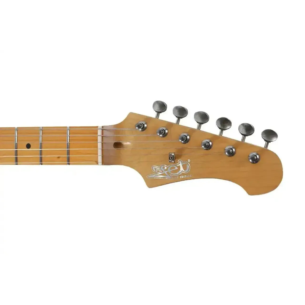 Jet Telecaster electric guitar headstock with maple neck, aged chrome tuners, and Jet Guitars logo.