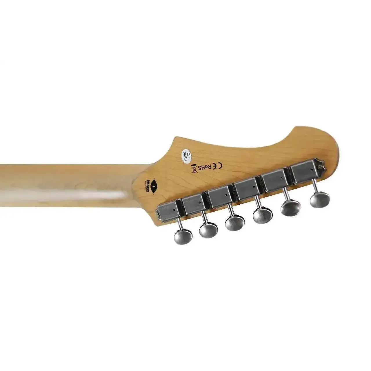 Back of a Jet JT-350-RLC Telecaster electric guitar headstock with aged chrome tuners and maple neck.