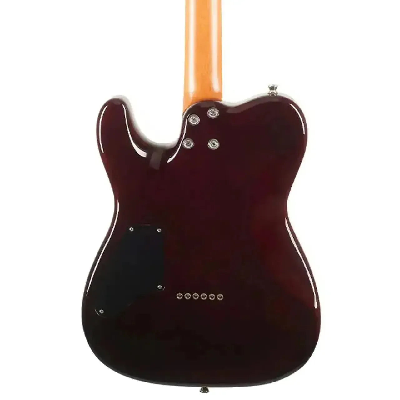 Back of a Jet JT-450 QTPK Telecaster electric guitar with a dark transparent pink quilted body and a light wood neck.