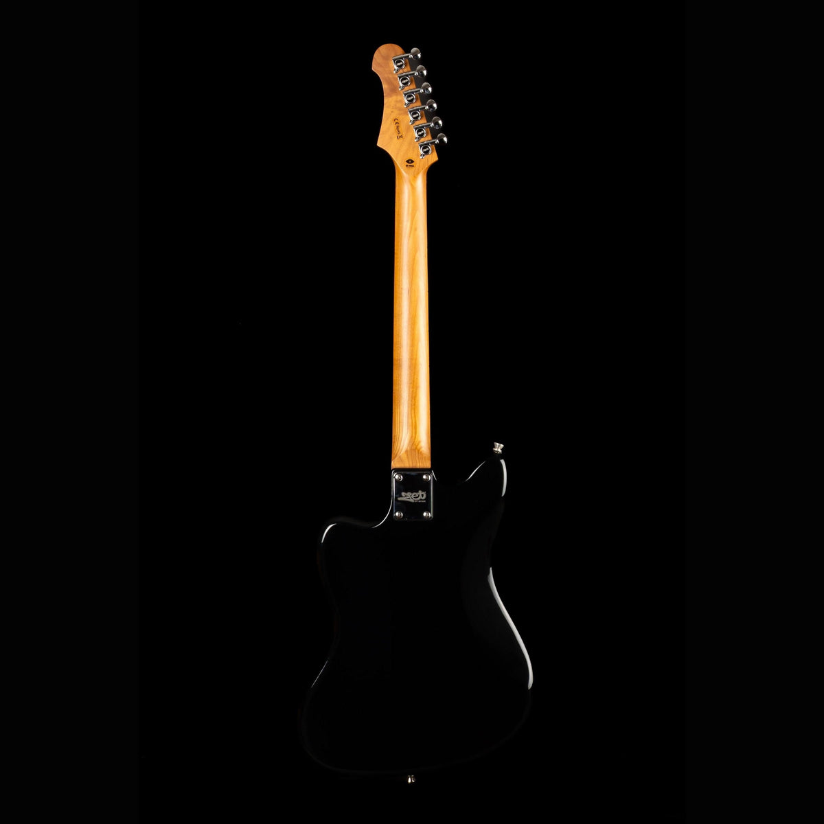 Jet JJ-350 solid body electric guitar in black, full-length back view with a maple neck