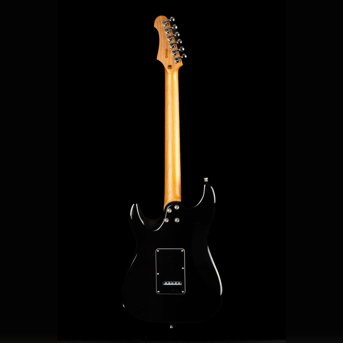 Jet JS-400 solid body Stratocaster-style electric guitar in black, full-length back view with a roasted maple neck