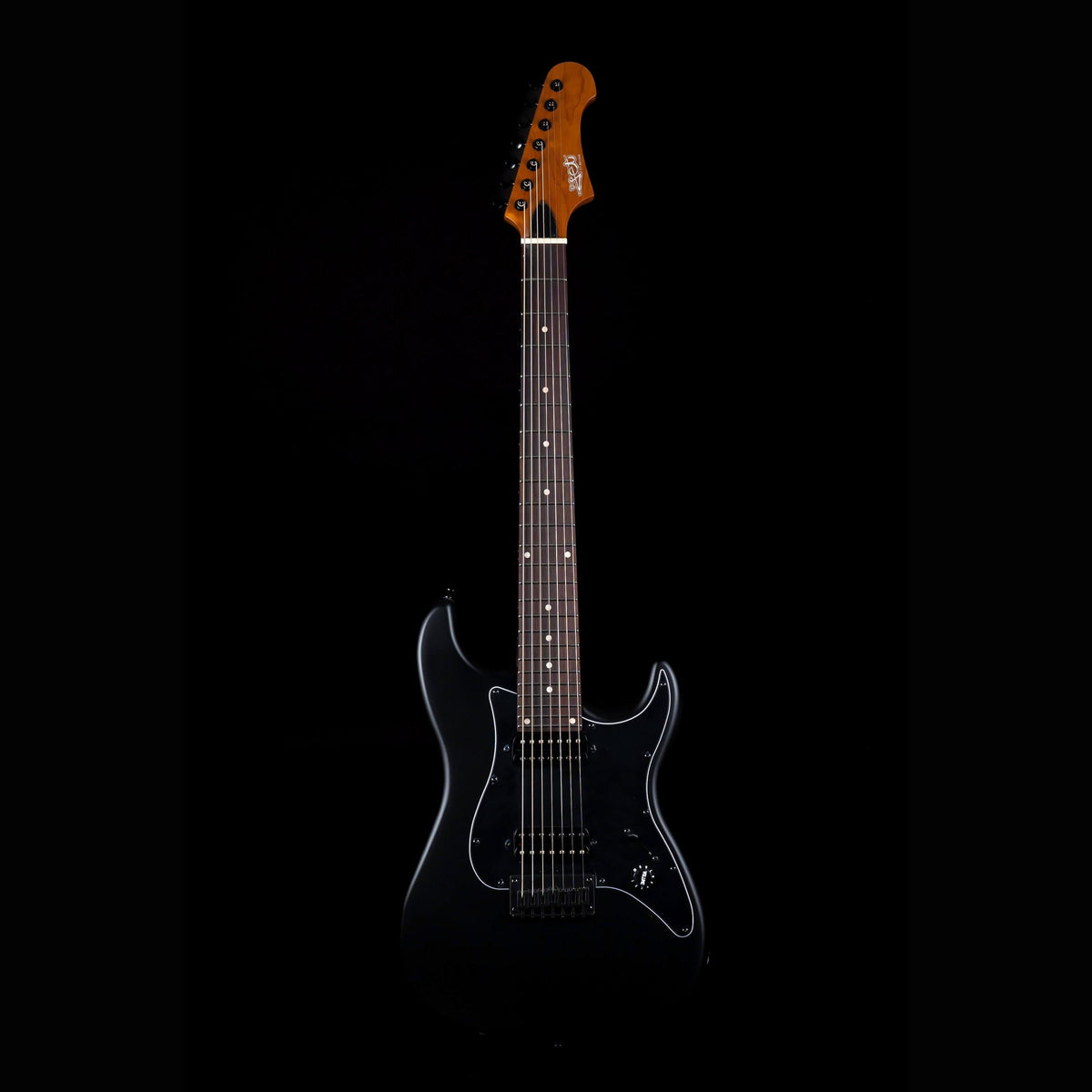 Jet JS-407 solid body electric guitar in matte black, full-length front view