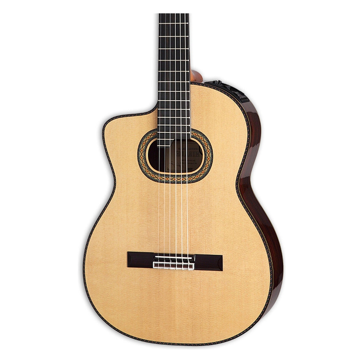 Mirrored from the right-handed model to show the left-handed layout: front of the Takamine DH90 body in a gloss natural finish, solid spruce top, cutaway, soundhole rosette and the lower fretboard.