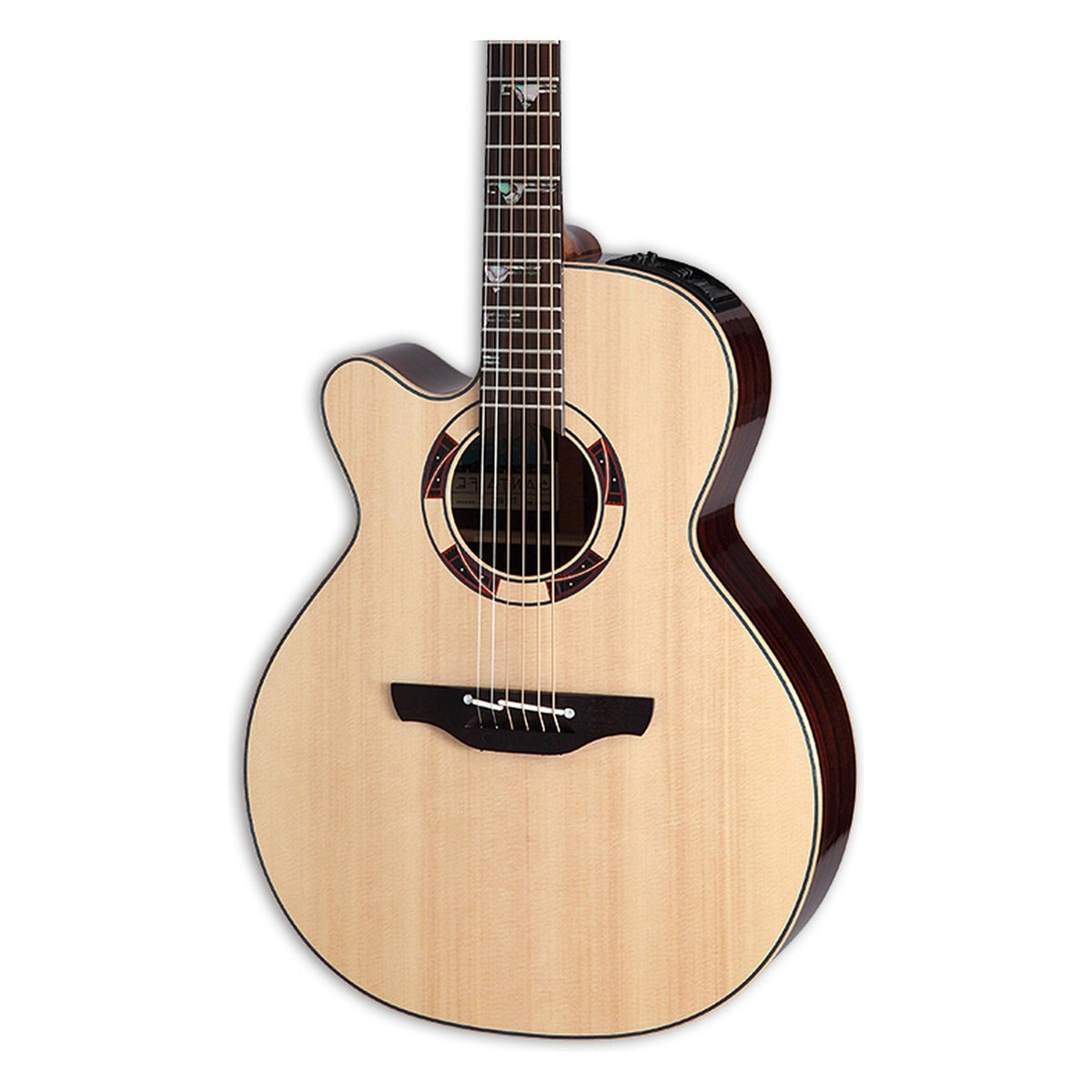 Mirrored from the right-handed model to show the left-handed layout: front of the Takamine DSF48C body in a gloss natural finish, solid spruce top, cutaway, soundhole rosette and the lower fretboard.