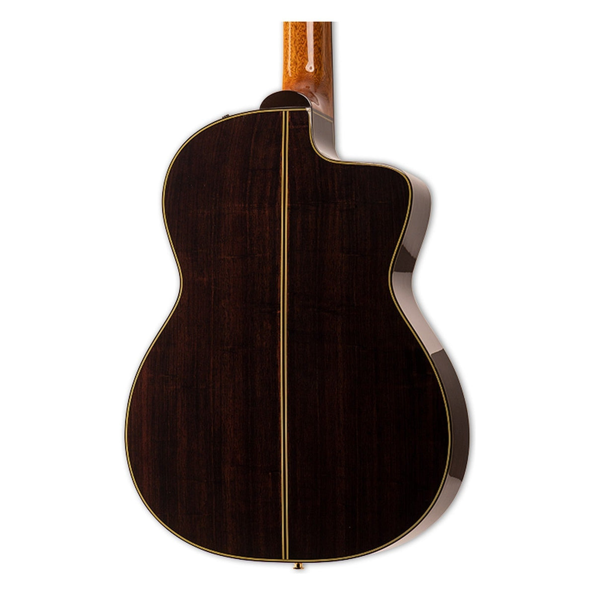 Mirrored from the right-handed model to show the left-handed layout: back of the Takamine EC132SC body with the solid rosewood back and the heel of the mahogany neck.