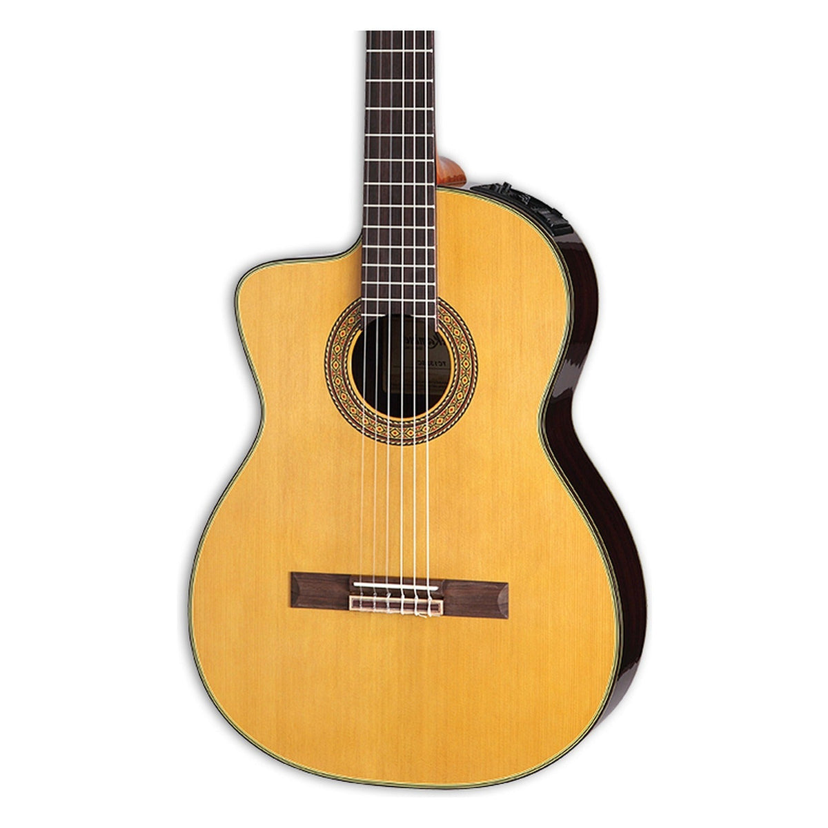 Mirrored from the right-handed model to show the left-handed layout: front of the Takamine EC132SC body in a gloss natural finish, solid cedar top, cutaway, soundhole rosette and the lower fretboard.