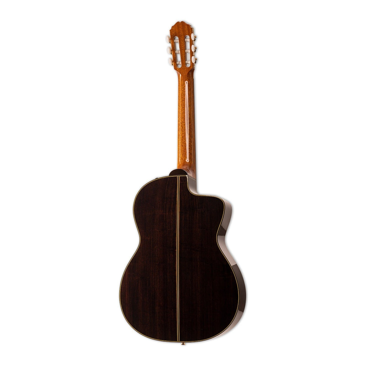 Mirrored from the right-handed model to show the left-handed layout: full back view of the Takamine EC132SC with the mahogany neck and solid rosewood back.